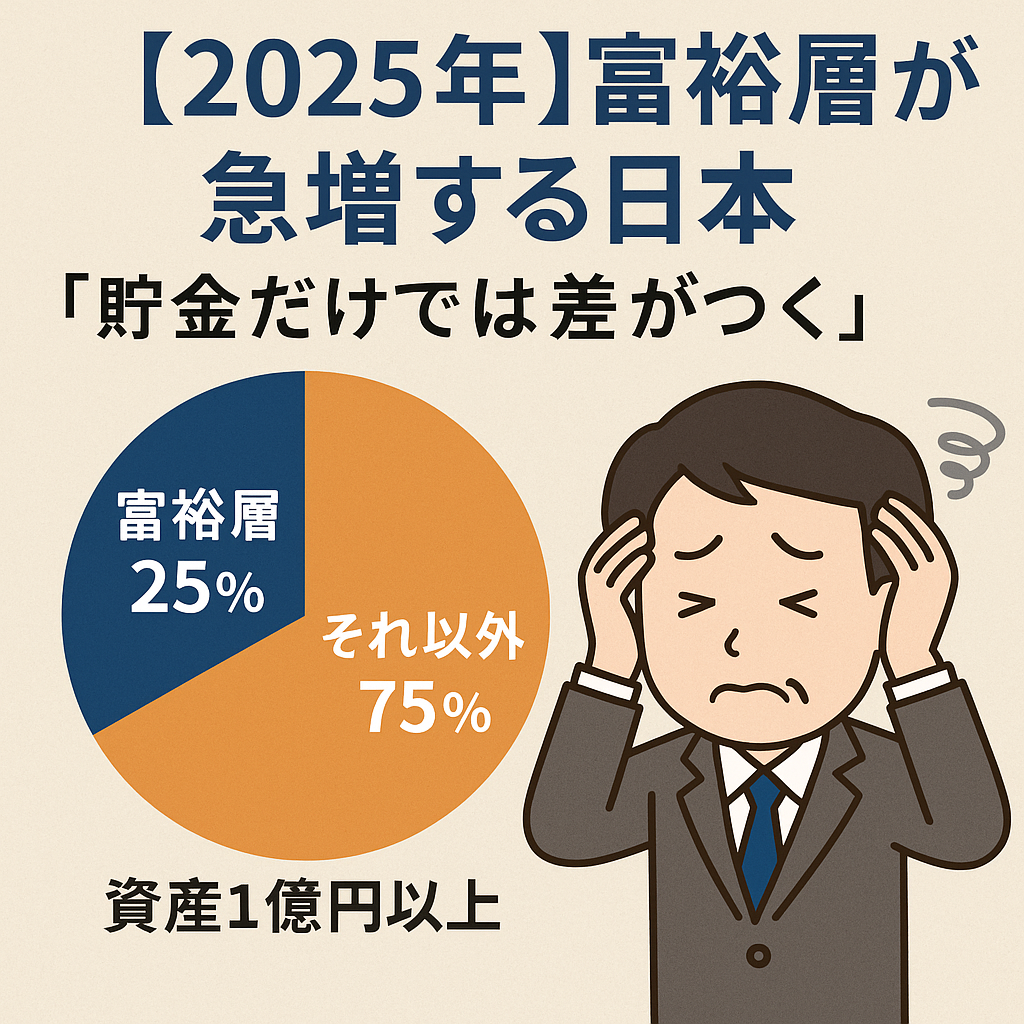 上昇する株価チャートと円安グラフ、コインの山、税負担の天秤が描かれたビジネス誌風イラスト。タイトル「富裕層が急増する日本──貯金だけでは差がつく時代に何を学ぶか」が中央に配置されている。